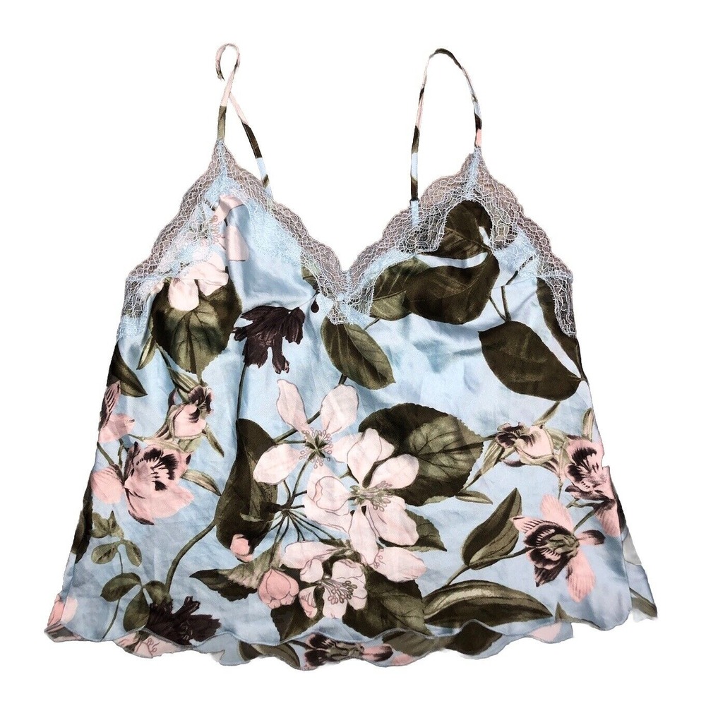 Victoria's Secret Here Comes the Bride Satin Cami Blue Floral V-Neck Lace Trim M